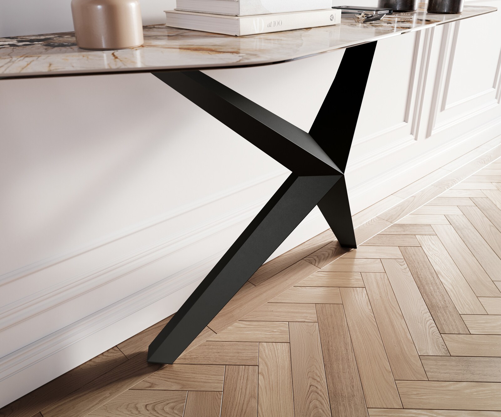 Конзолна маса Edge Polygonal 180x50 см, керамика Patagonia, полирана, Zentharo, метал, черна 6
