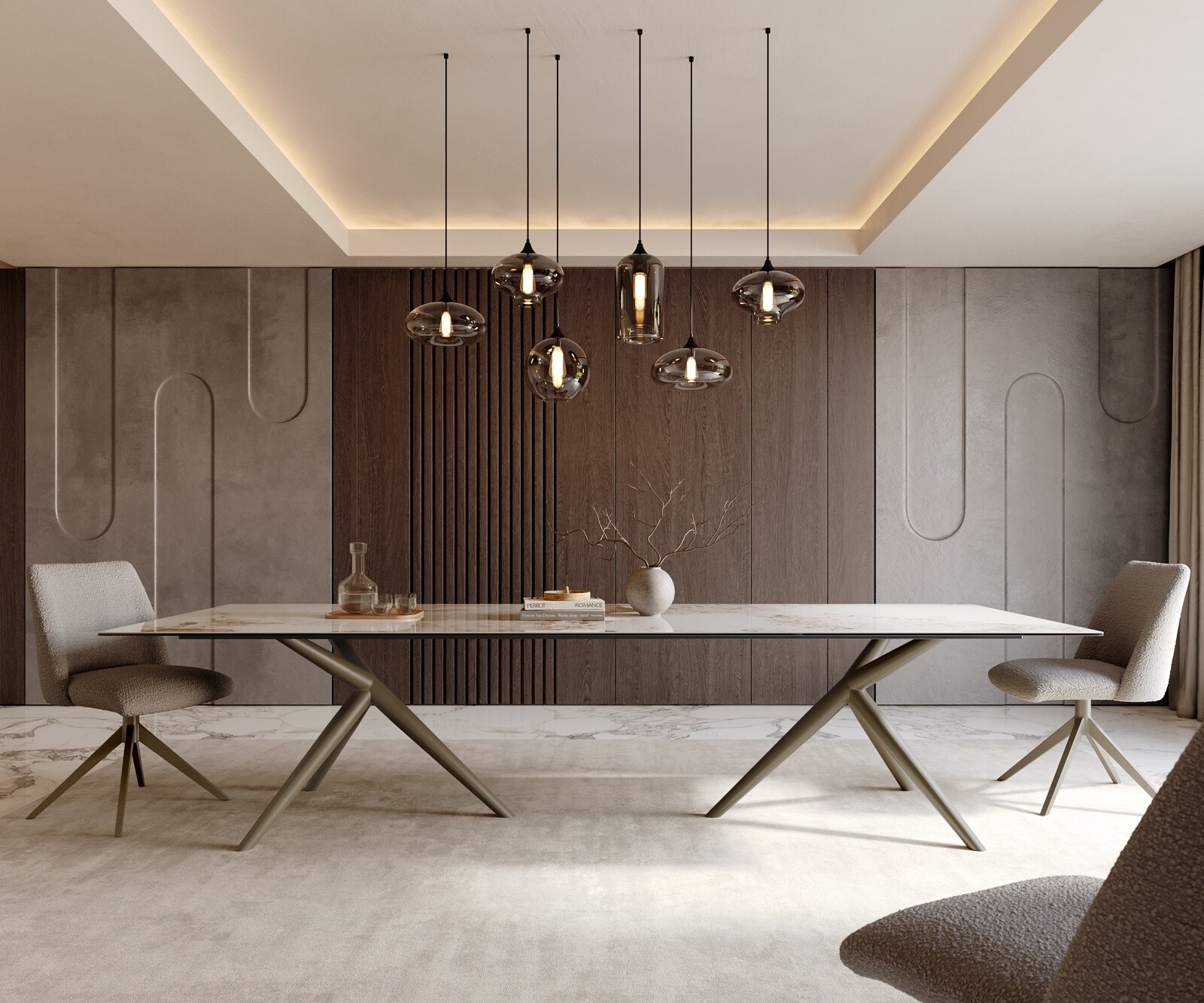 Трапезна маса Edge 300x100 керамика Minas Melange бяло-бежово Estelar кръгъл метален ефект покритие титан 1