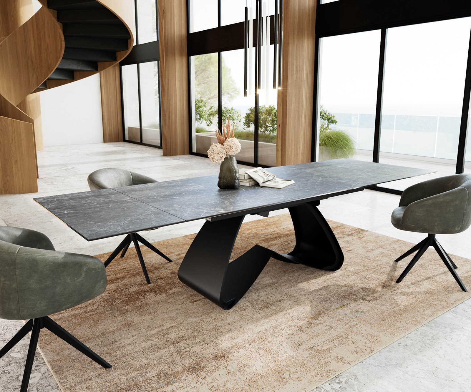 Разтегателна трапезна маса Edge 200-300х100 см Керамика Laminam® Nero Greco Антрацит W-образна основа Черен 4