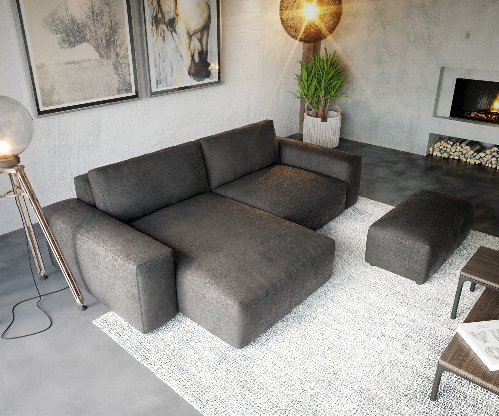 Ъглов диван Lanzo XL 270x180 см, Имитация на кожа, Винтидж Антрацит, Лява/Дясна Лежанка, с табуретка 3