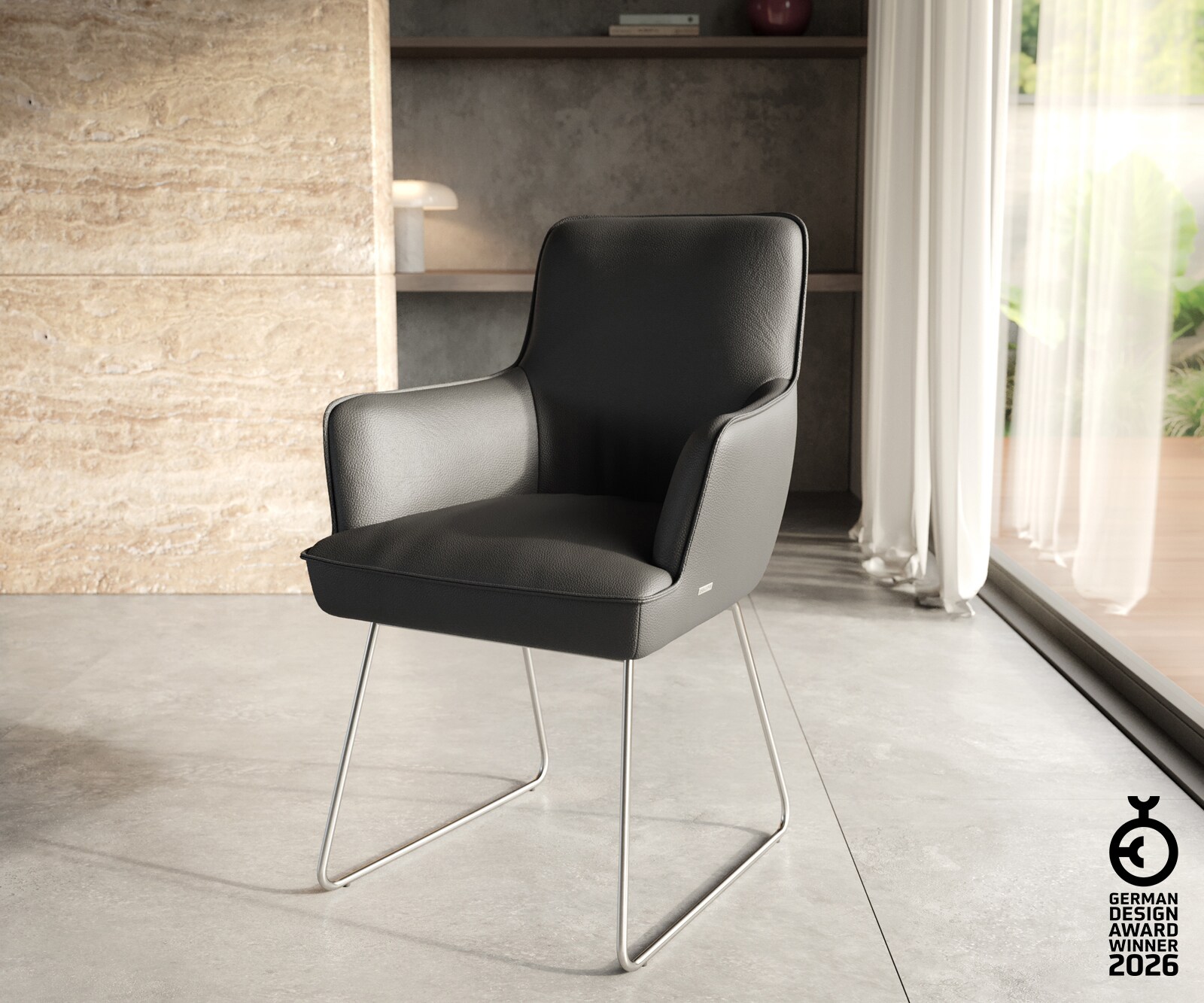 Стол Естествена кожа Черна Извити крака Неръждаема стомана Покет пружина Heira-Flex