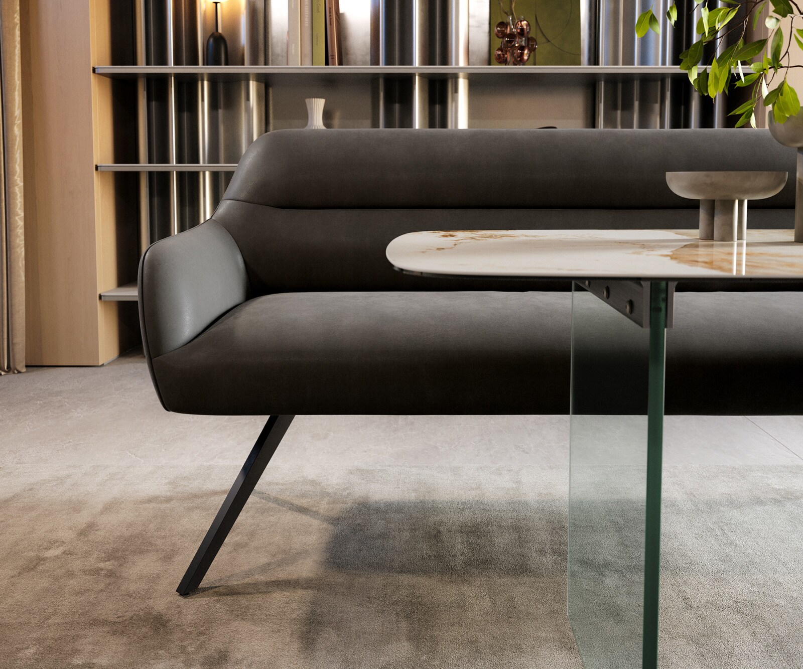 Трапезна пейка Taya-Flex 300 см, микрофибър, антрацит, винтидж, кръстосана рамка с остри ръбове, черна, с пружинен матрак 1