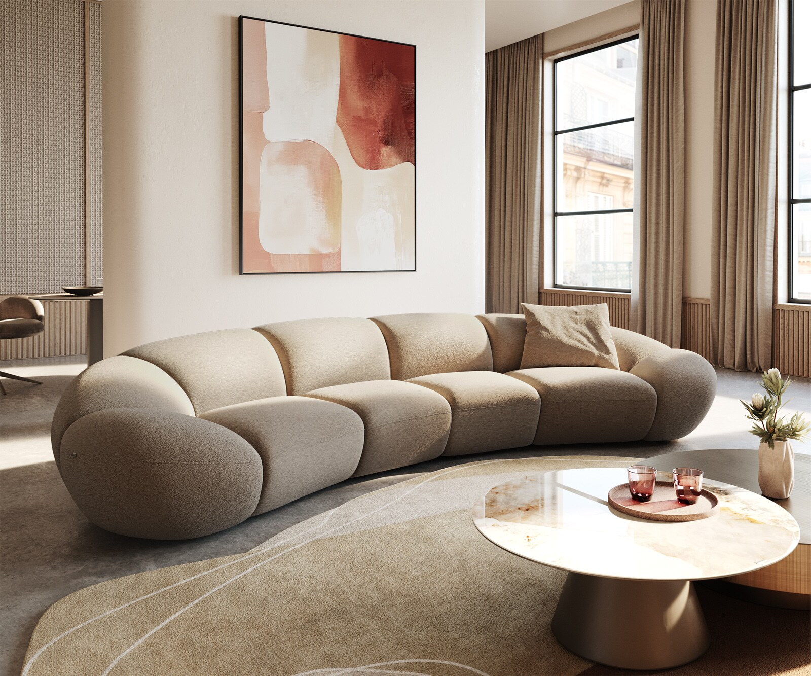 Голям диван Lunna 360x175 cm fine bouclé taupe 2 възглавници