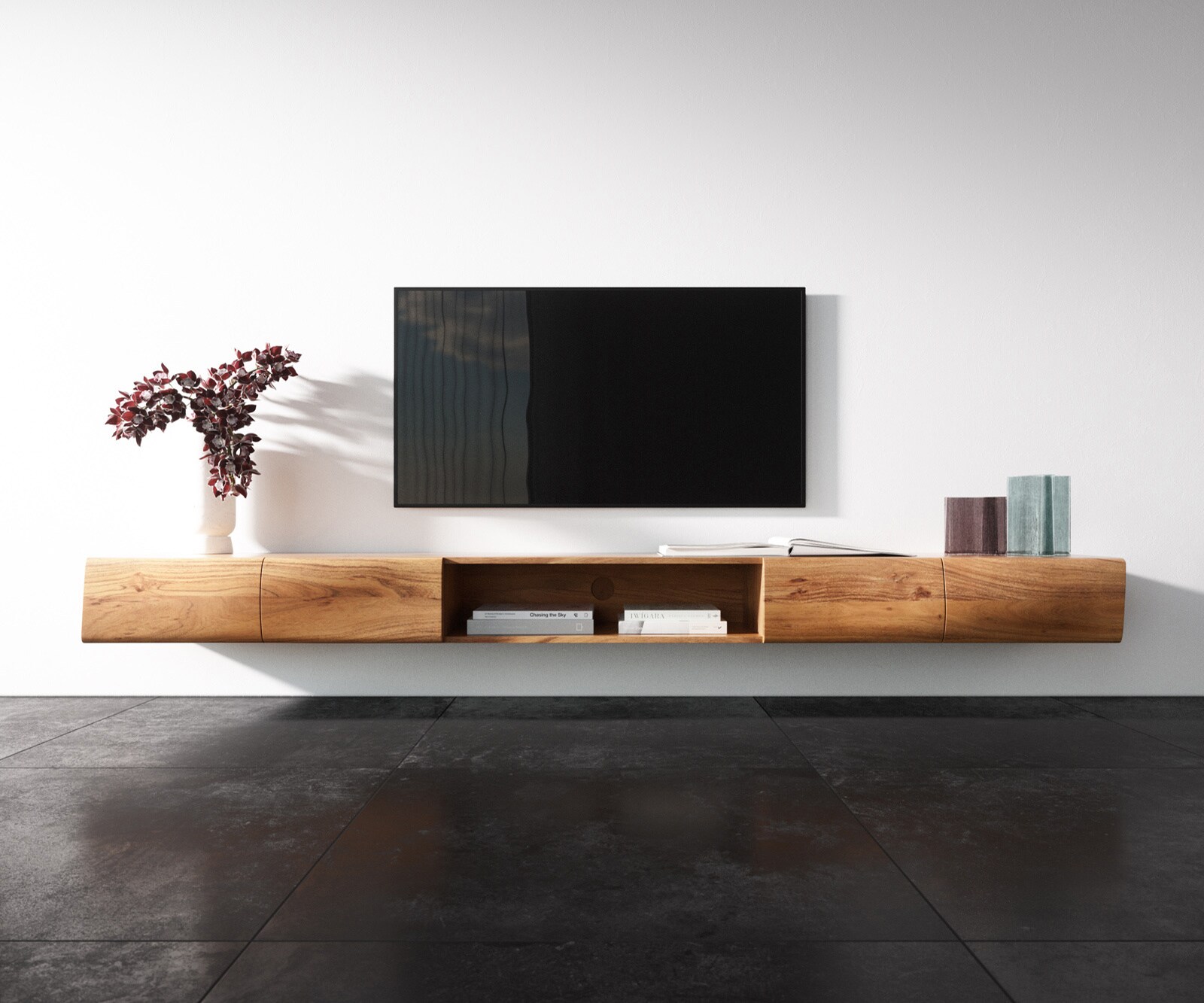 Стенен ТВ шкаф New Live-Edge 240 cm, Масив Акация, 4 Врати,1 отделение, Натурален цвят 3
