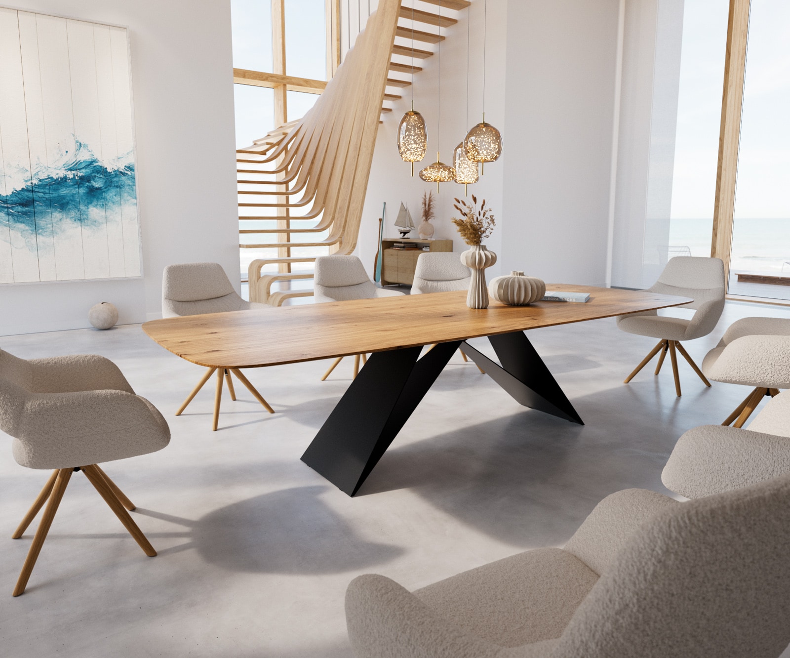 Маса Boot 300x100 Дъб Натурал V-Рамка плоска стомана Черен Швейцарски ръб Edge Маса Boot 300x100 Дъб Натурал V-Рамка плоска стомана Черен Швейцарски ръб Edge