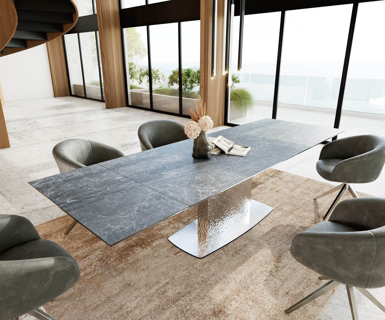 Разтегателна трапезна маса Edge 200-300х100 см Керамика Laminam®Nero Greco Антрацит Един крак основа Сребристосив