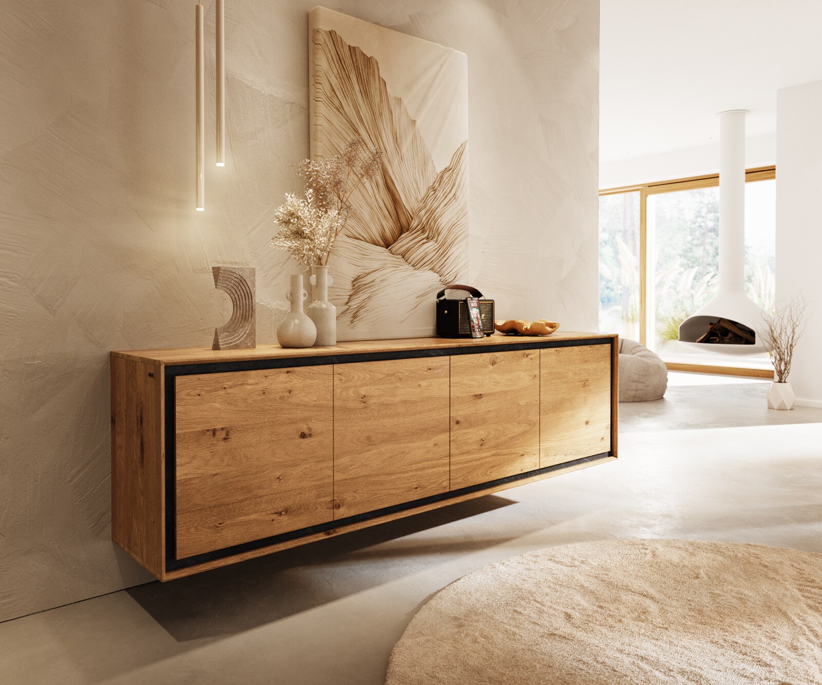Шкаф Stonegrace 200 cm естествен дъб 4 врати каменен фурнир Плаващ