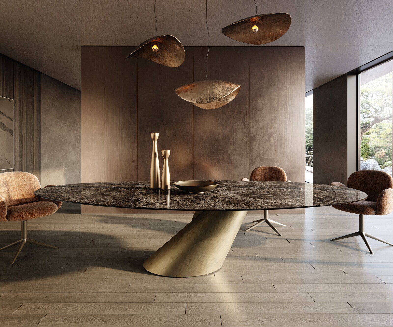 Трапезна маса Edge Oval 315x150 см, керамика Emperador Extra Lucidato, тъмнокафяво, Cono Metallic Gold 1