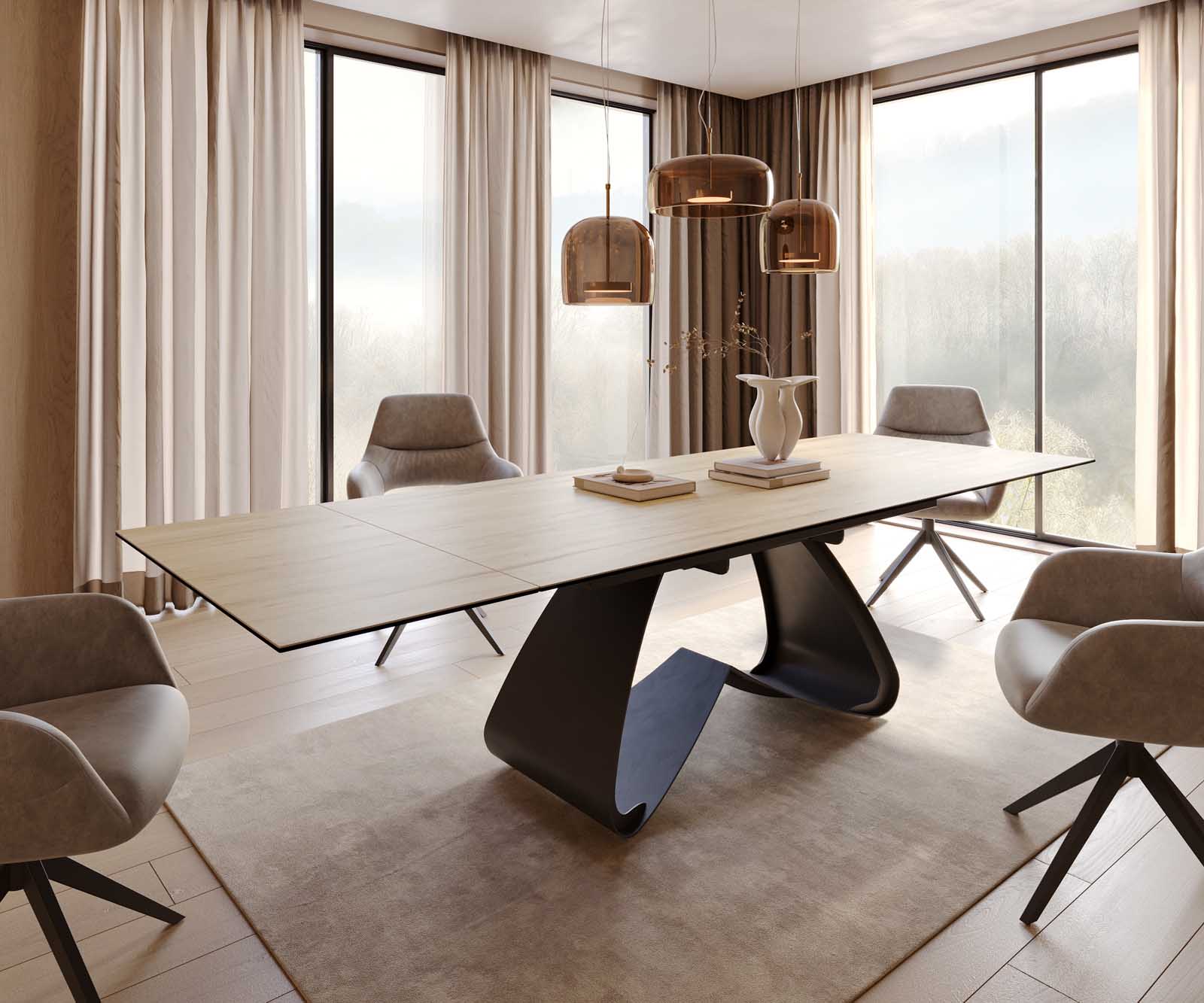 Маса 200-300x100 Keramik Laminam® Sabbia Дъбцвят W-Рамка Черен разтегателна Edge