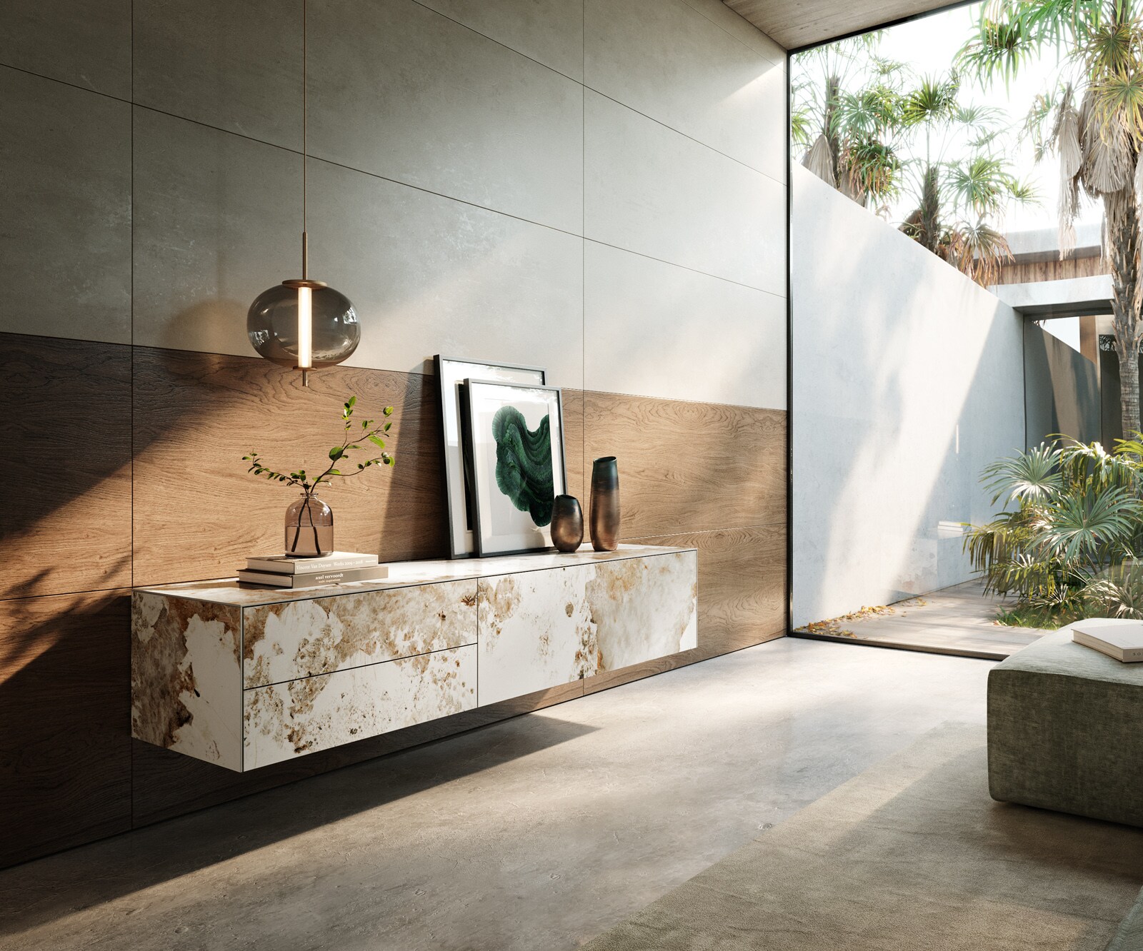 Нисък плот Cuor 180 cm керамика Minas Melange бяло-бежово 1 клапа 2 чекмеджета плаващи 1