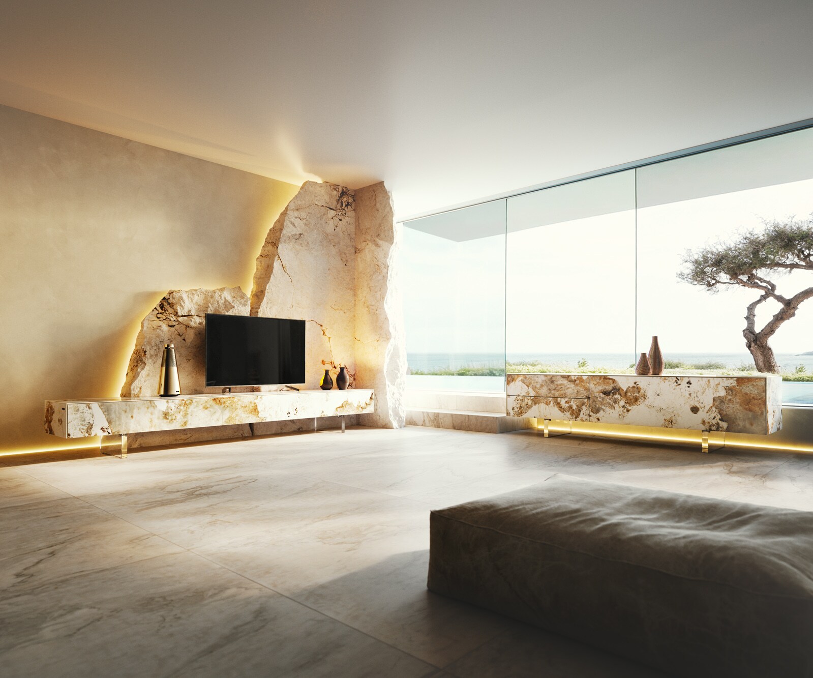 Ниска дъска Cuor 250 cm Керамика Minas Melange Бяло-бежово 1 клапа 1 чекмедже Основа Плаващ вид Метал Черно 8