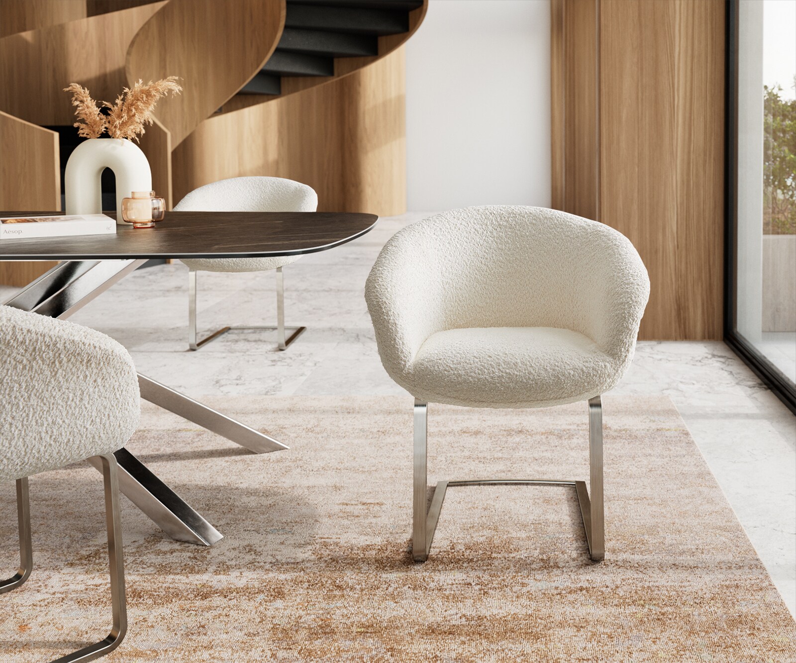 Люлеещ стол с подлакътници Букле Бял Конзолен крак плосък Неръждаема стомана Покет пружина Vinka-Flex 1 Люлеещ стол с подлакътници Букле Бял Конзолен крак плосък Неръждаема стомана Покет пружина Vinka-Flex 1