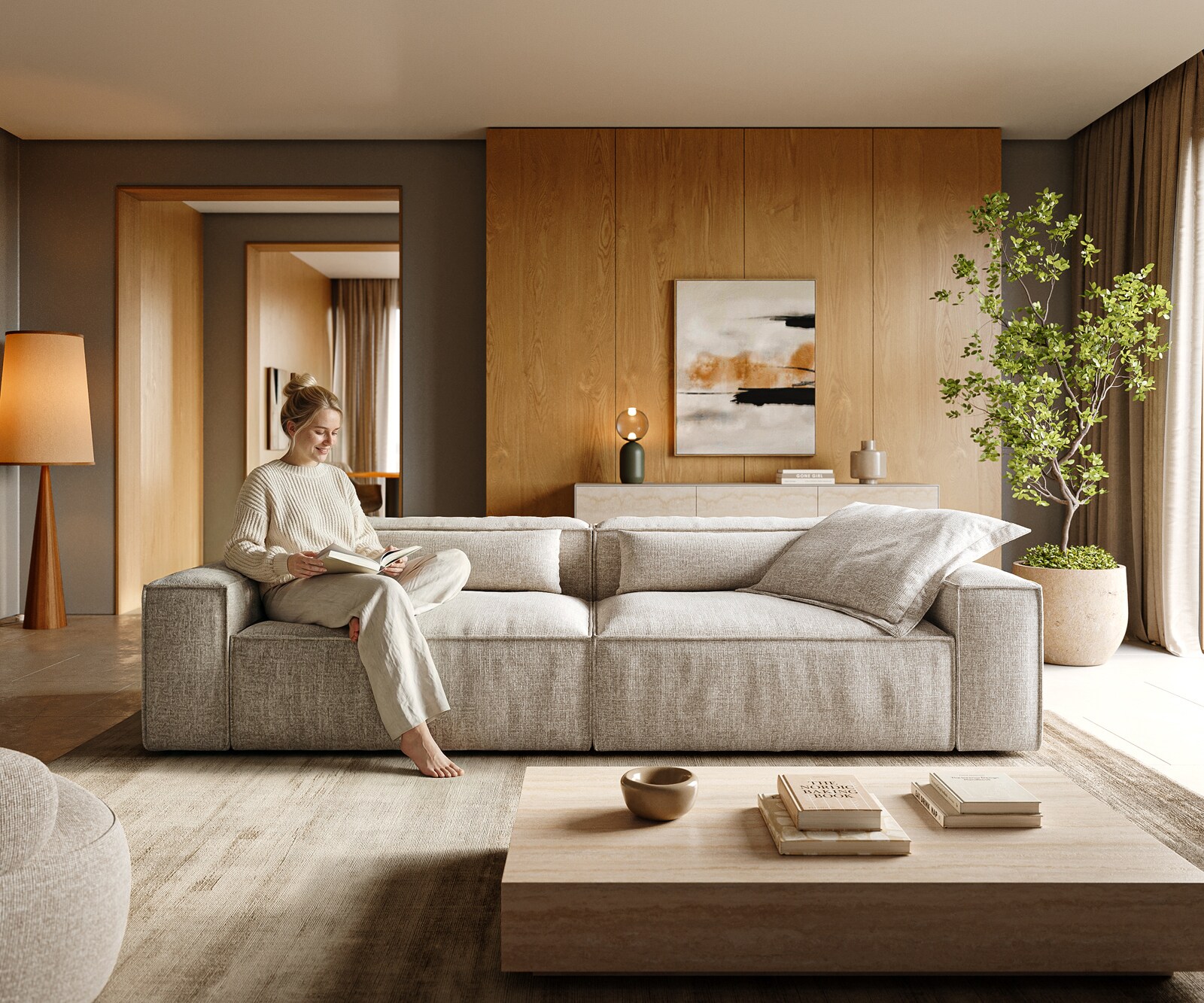 Голям диван Freestyle 280x110 cm тъкан мек бежов шев 1