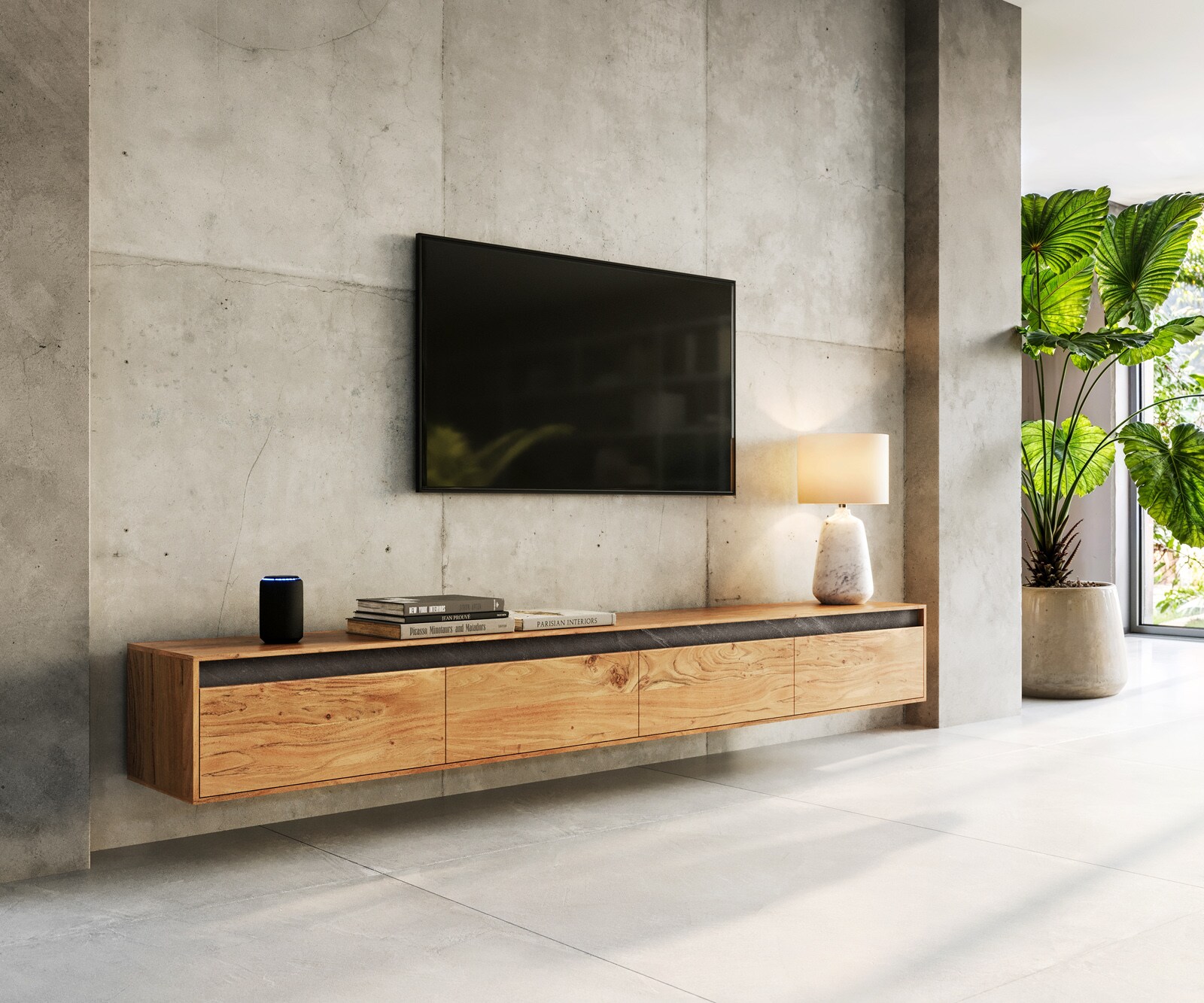 Стенен ТВ шкаф Stonegrace 240 cm естествена акациева шисти 4 врати