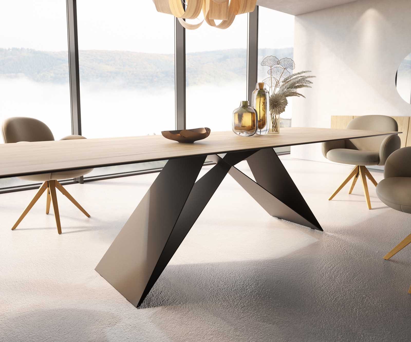Маса 300x100 Keramik Laminam® Sabbia Дъбцвят V-Рамка плоска стомана Черен Edge 4