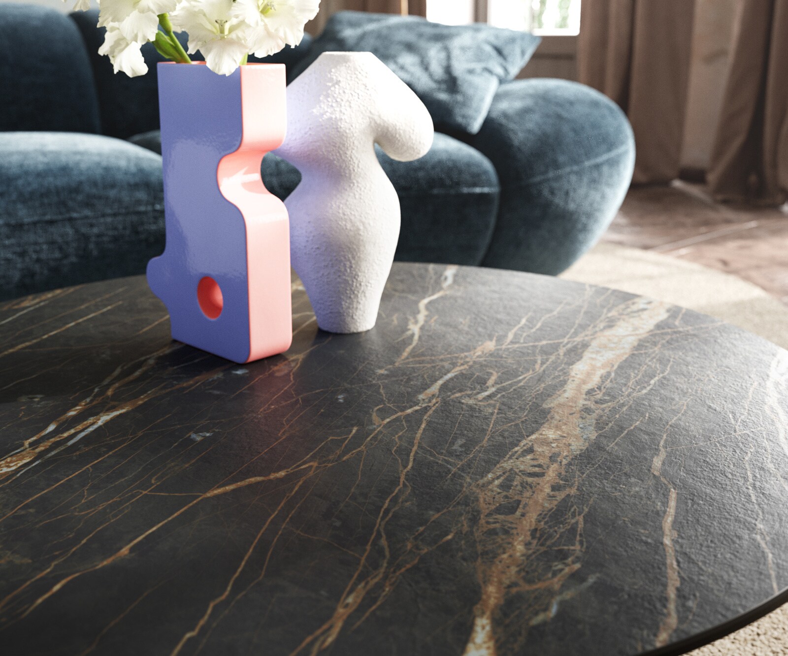 Масичка за кафе Edge Round 90x90 cm Ceramic Laminam® Noir Desir Brown Sarity Матирана неръждаема стомана 7