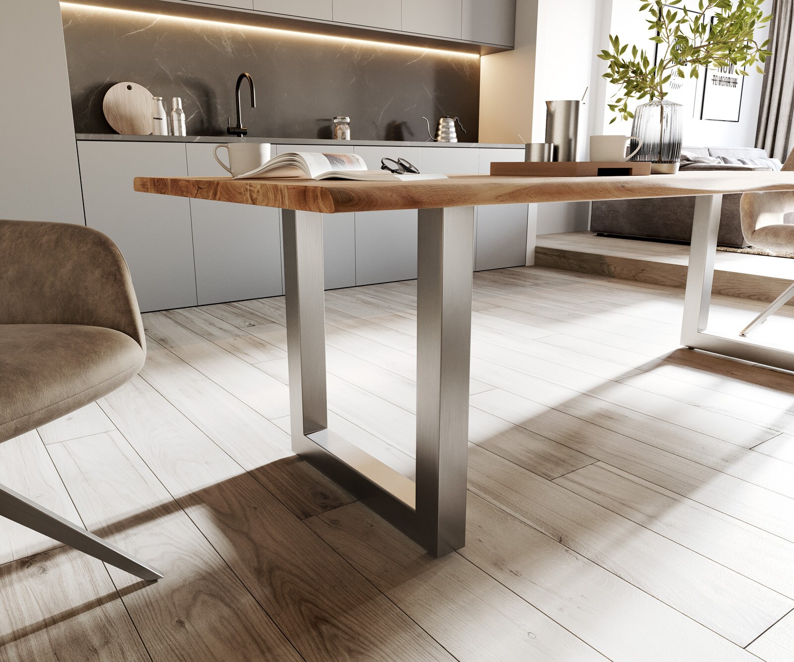 Трапезна маса Edge 260x100, естествена акация, неръждаема стомана, широка, с естествени ръбове 5