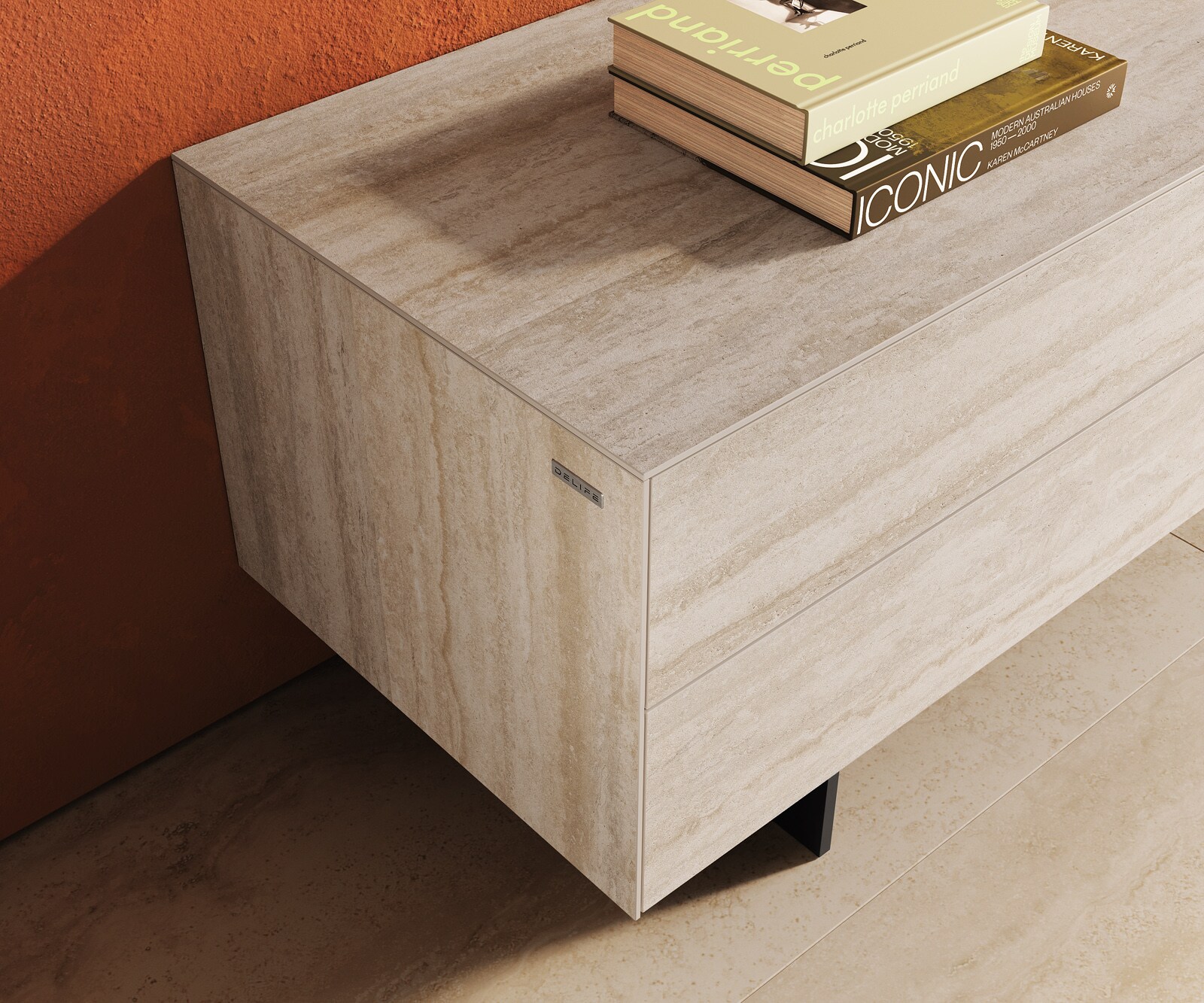 ТВ шкаф Cuor 180 см Керамика Laminam® Travertino Bianco Крем-бяло 1 врата 2 чекмеджета Основа Метал Черен 5