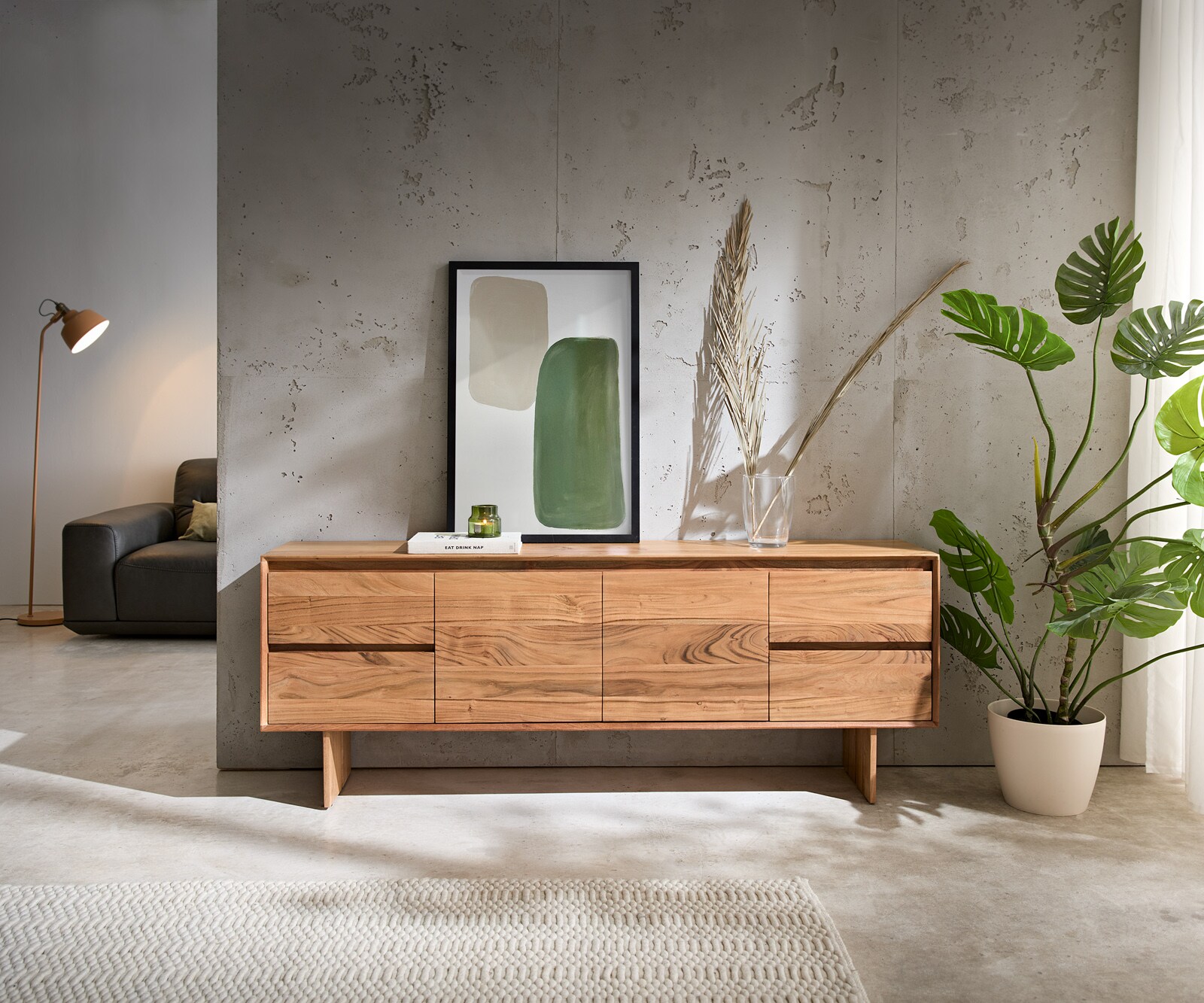 Нисък шкаф Elandor 175 см естествена акация 2 врати 4 чекмеджета дървена основа 1