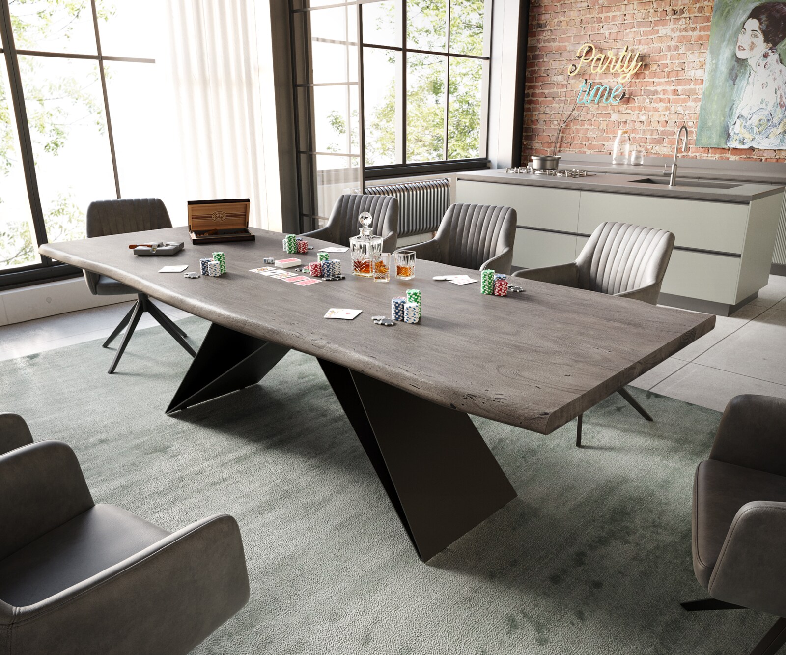 Маса 260x100 Акация Платинен цвят V-Рамка плоска стомана Черен Edge