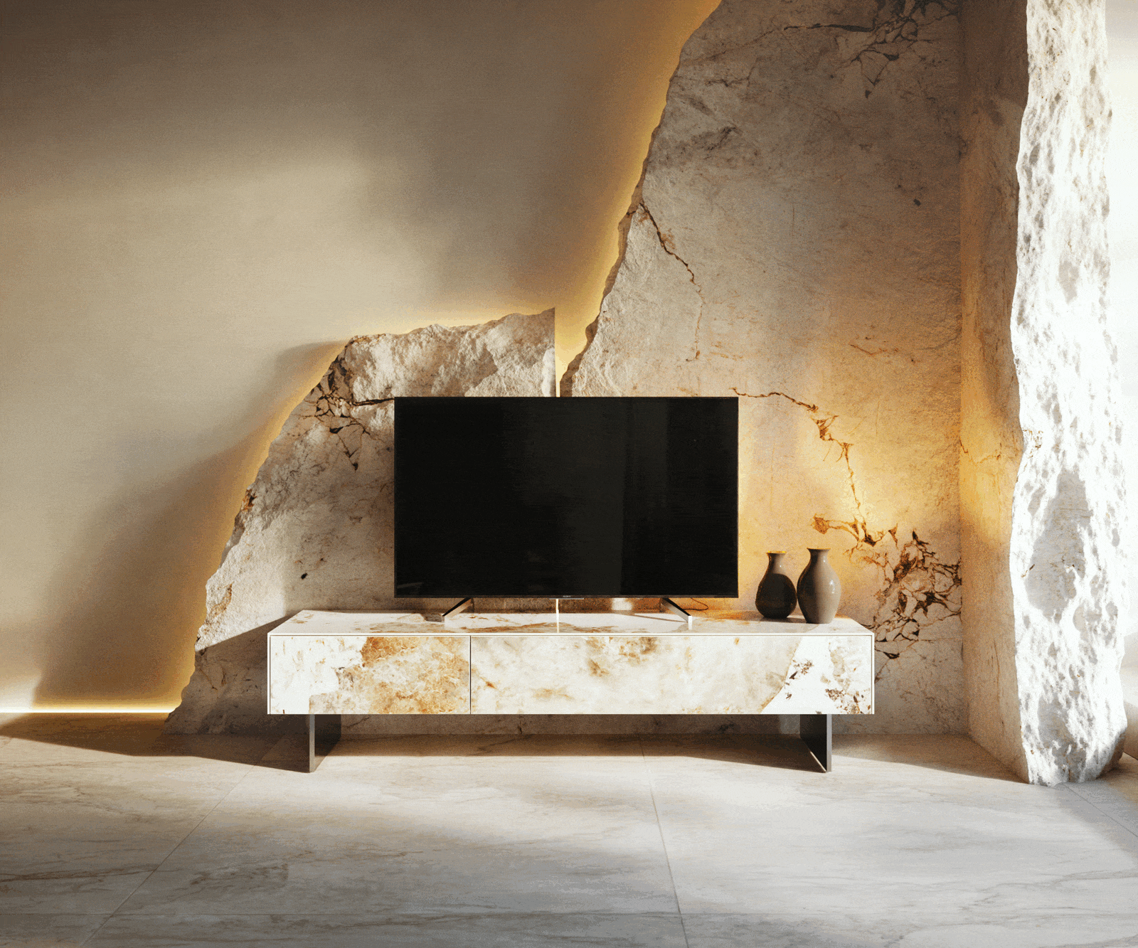 Нисък плот Cuor 150 см Керамика Minas Melange Бяло-бежово 1 клапа 1 чекмедже Основа Плаващ вид Неръждаема стомана 5