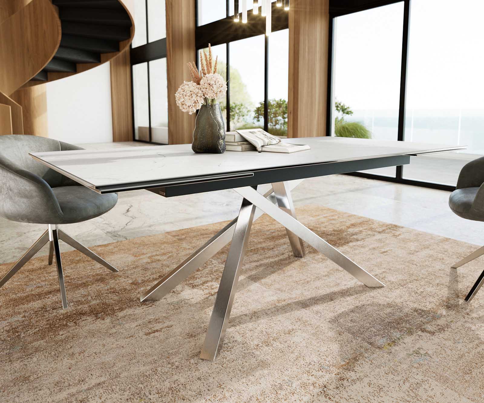 Разтегателна трапезна маса Edge 200-300х100 см Керамика  Laminam®Statuarietto Бял Кръсртовидна основа Сребристосив 5