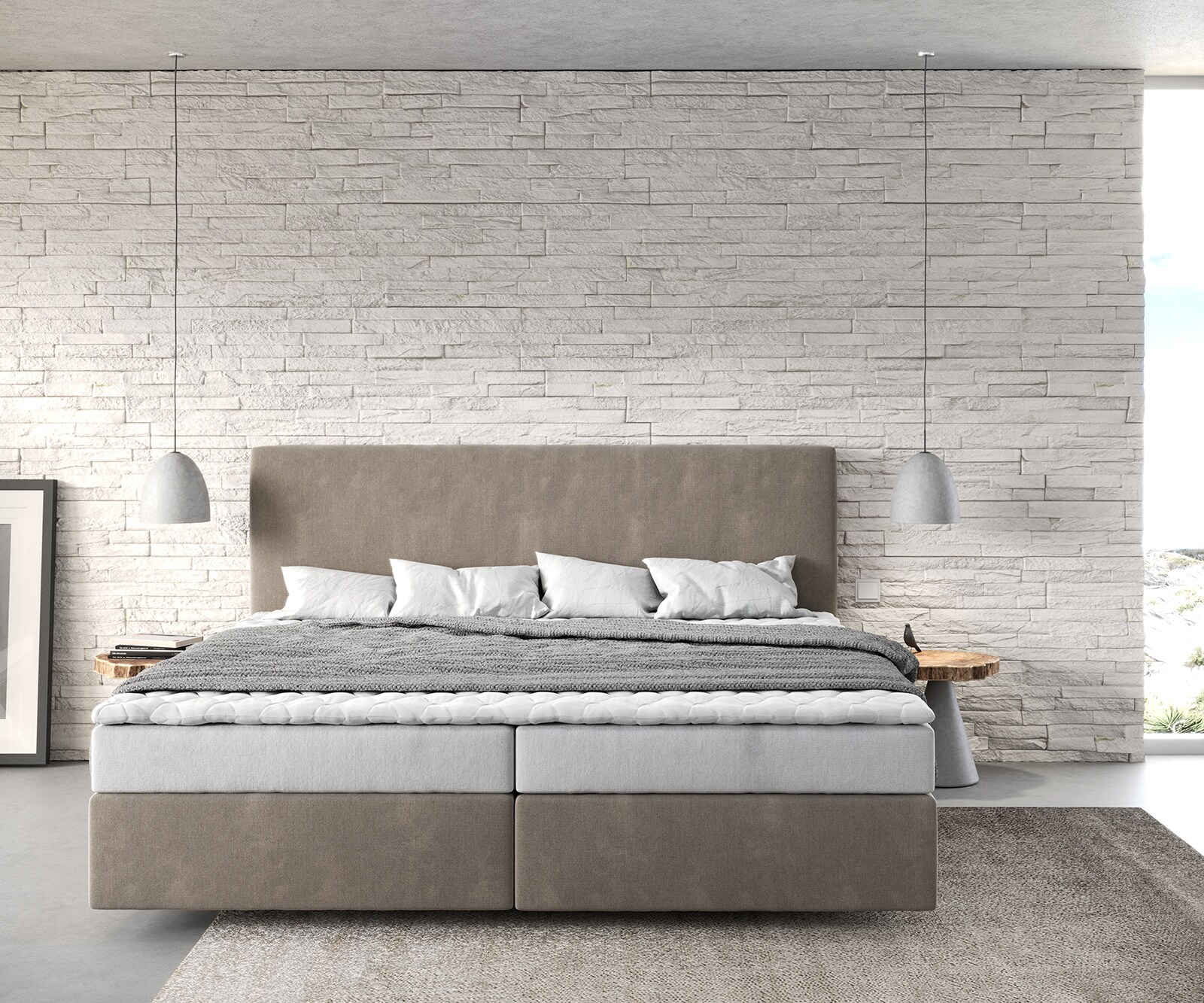 Легло Боксспринг Микрофибър Бежов 200x200 cm Бонел-Матрак PU-Топер Dream-Well 1