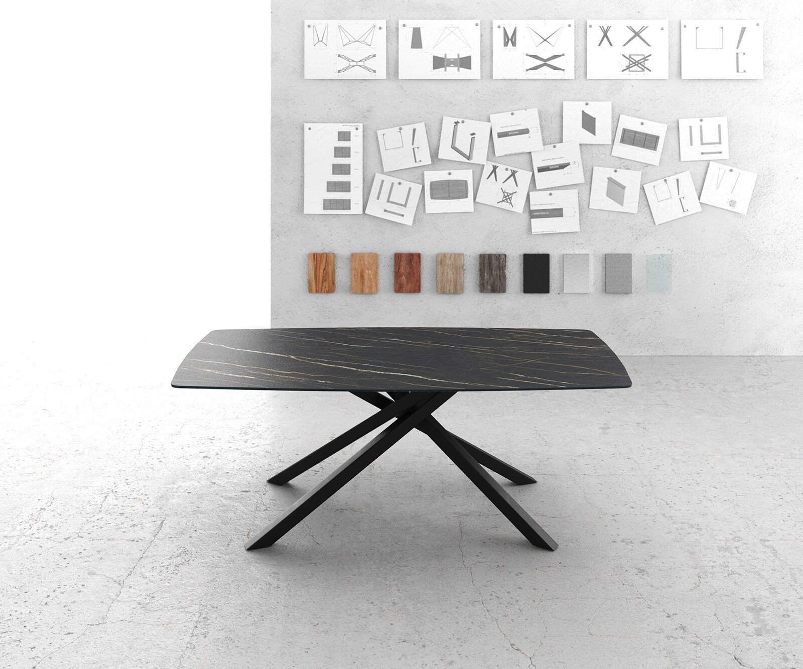 Маса Bootsform 200x100cm Laminam® Keramik Noir Desir Кафяв среден крак Кръст Черен Edge 1
