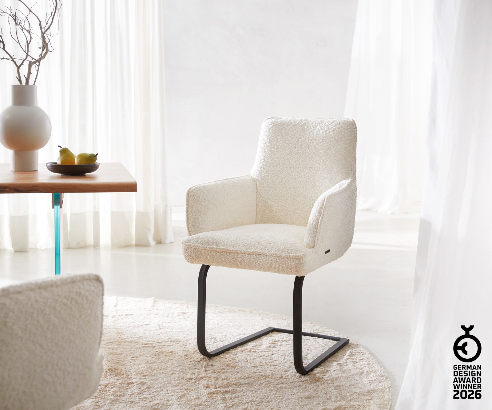 Люлеещ стол с подлакътници Букле Бял Конзолен крак плосък Черен Покет пружина Heira-Flex