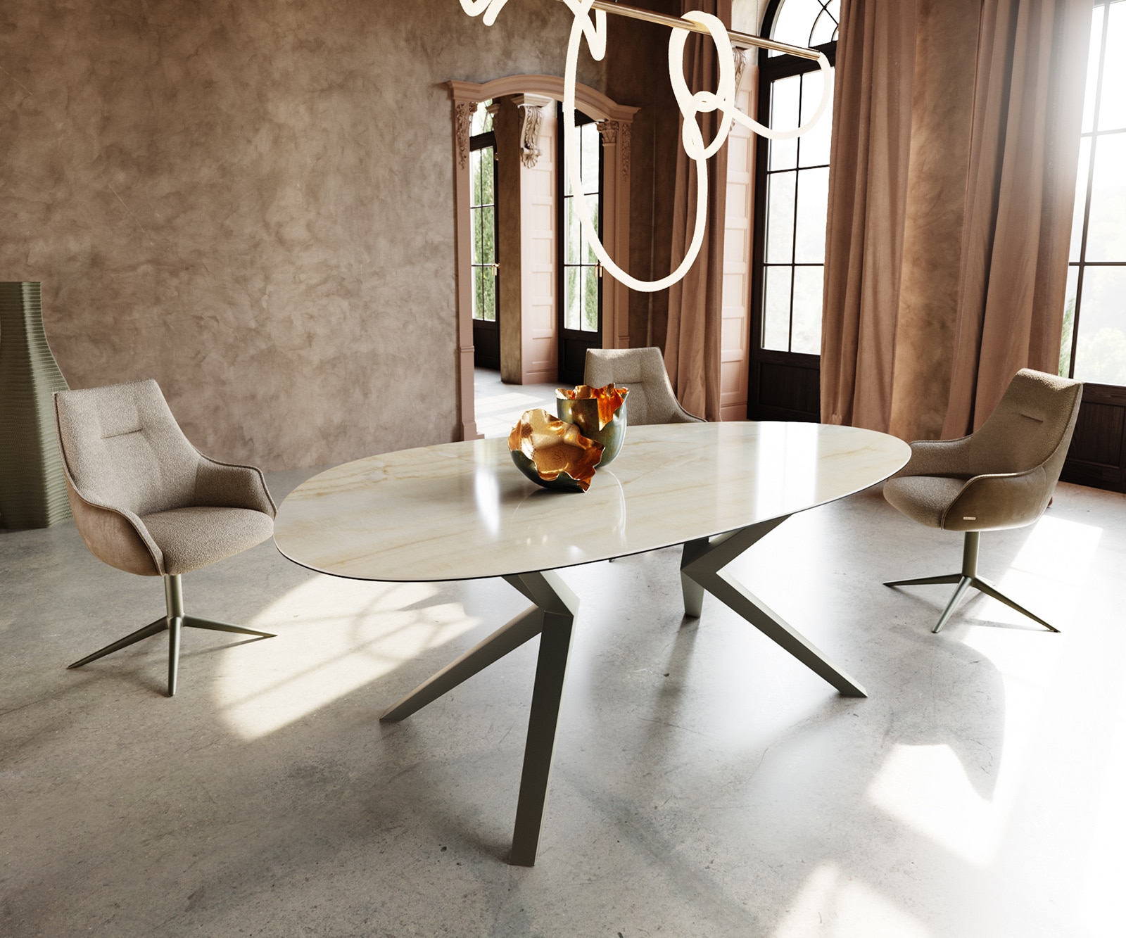 Edge Овална маса за хранене 220x120 керамика Iris FMG Onice Oro Zenthara ъглов метален ефект покритие титан Edge Овална маса за хранене 220x120 керамика Iris FMG Onice Oro Zenthara ъглов метален ефект покритие титан