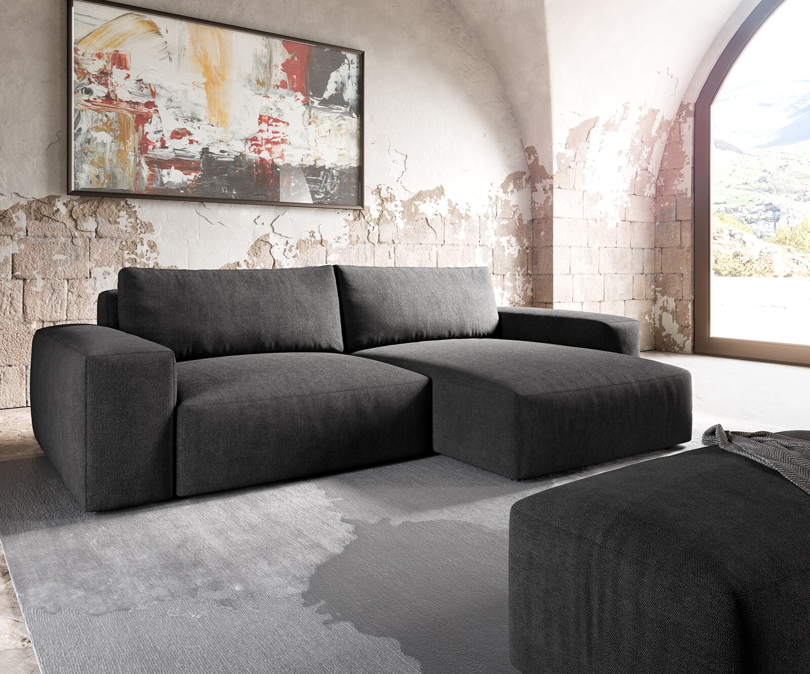 Ъглов диван XL 270x180 cm Микрофибър Черен Варианти лежанка с табуретка Lanzo