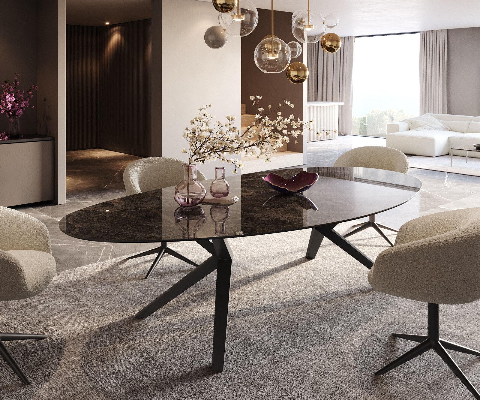 Трапезна маса Edge Oval 280x130, керамика Laminam „®“, Emperador Extra Lucidato, тъмнокафяво, Zenthara, с остри ръбове, метал, черно
