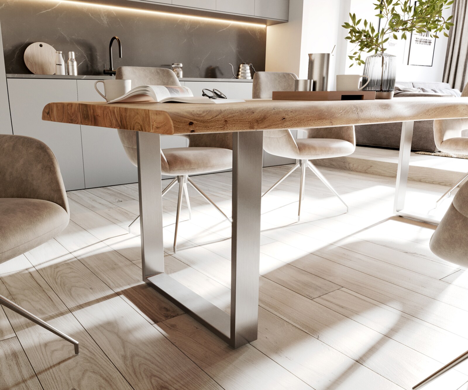 Маса 280x100cm XL Акация Натурал Неръждаема стомана Тесен профил Edge 4