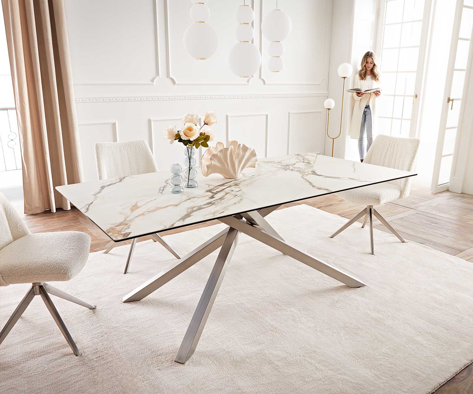 Маса 200x100 Keramik Calacatta Luxe Бял-Злато-Сив КръстРамка Правоъгълник Неръждаема стомана Edge 1