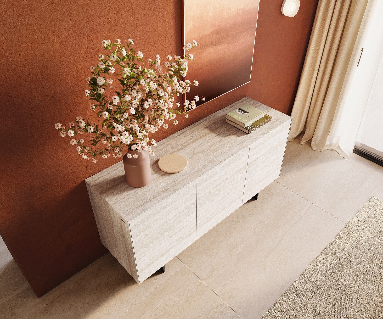 Шкаф Cuor 150 cm Керамичен ламинат® Travertino Bianco Крем-бяло 3 врати Основа Плаващ вид Метал Черно 4