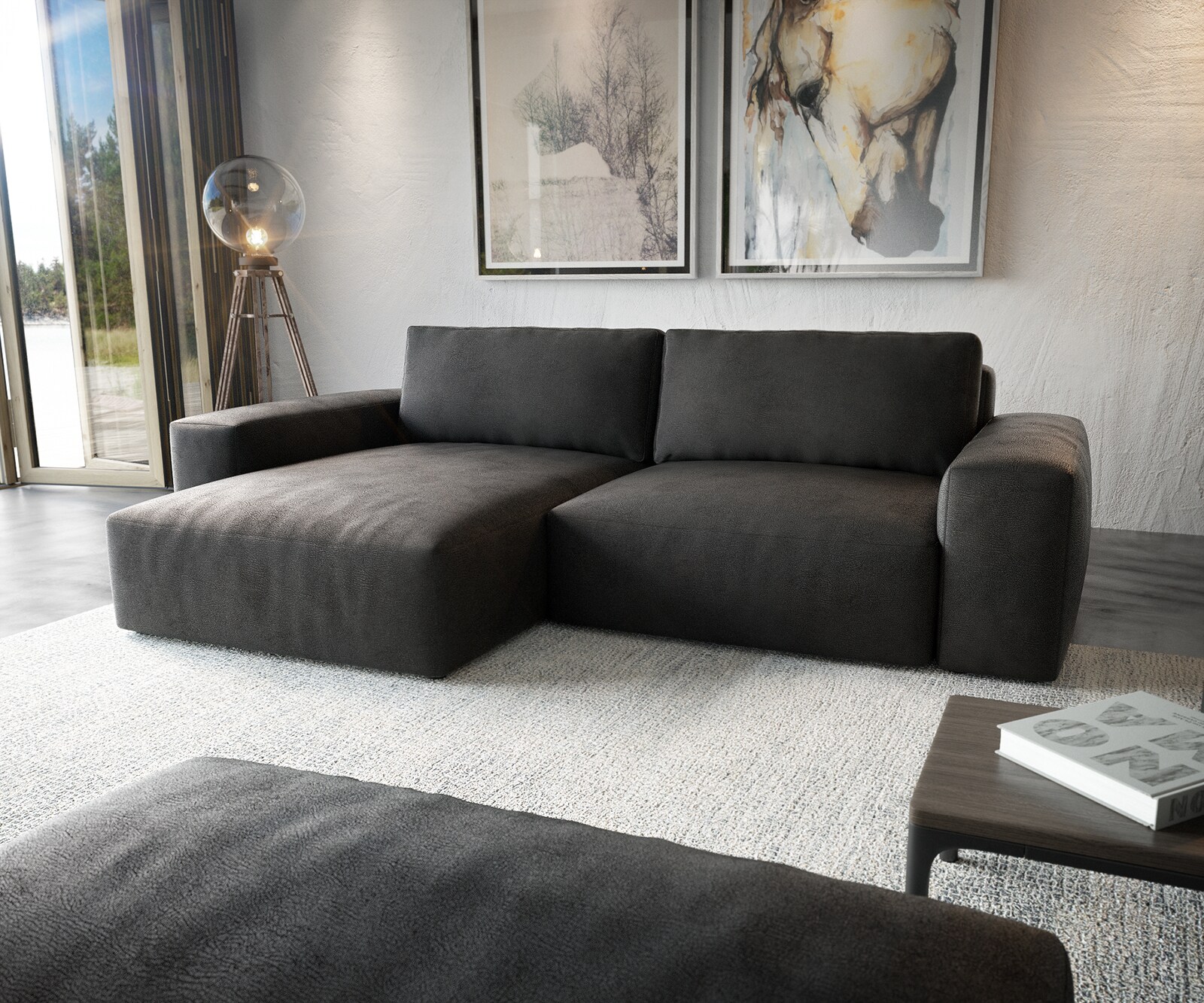 Ъглов диван Lanzo XL 270x180 см, Имитация на кожа, Винтидж Антрацит, Лява/Дясна Лежанка, с табуретка