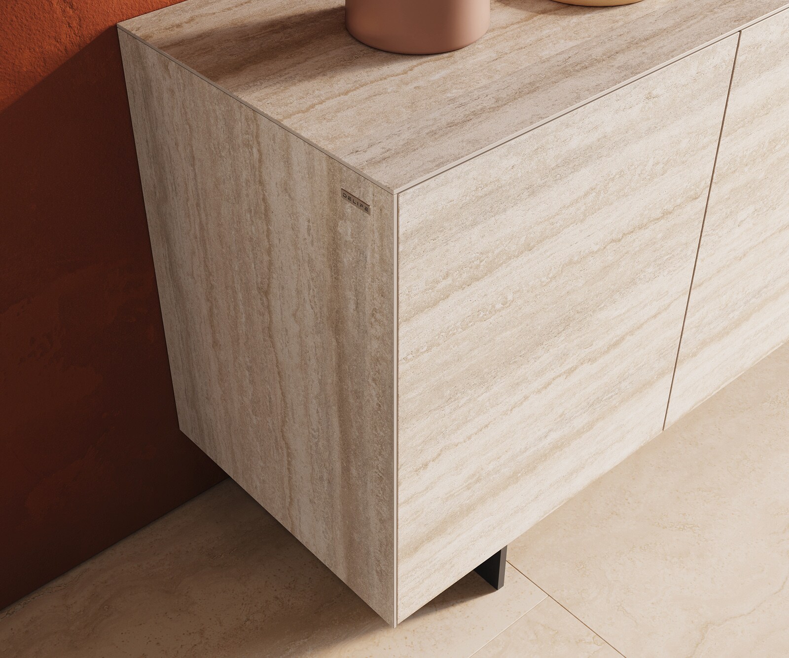 Шкаф Cuor 150 cm Керамичен ламинат® Travertino Bianco Крем-бяло 3 врати Основа Плаващ вид Метал Черно 6