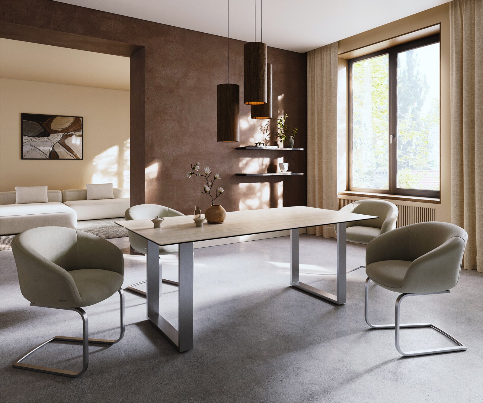Трапезна маса Edge 200x100, керамика Laminam „®“, Travertino Bianco, кремаво-бяла, неръждаема стомана, тясна 6