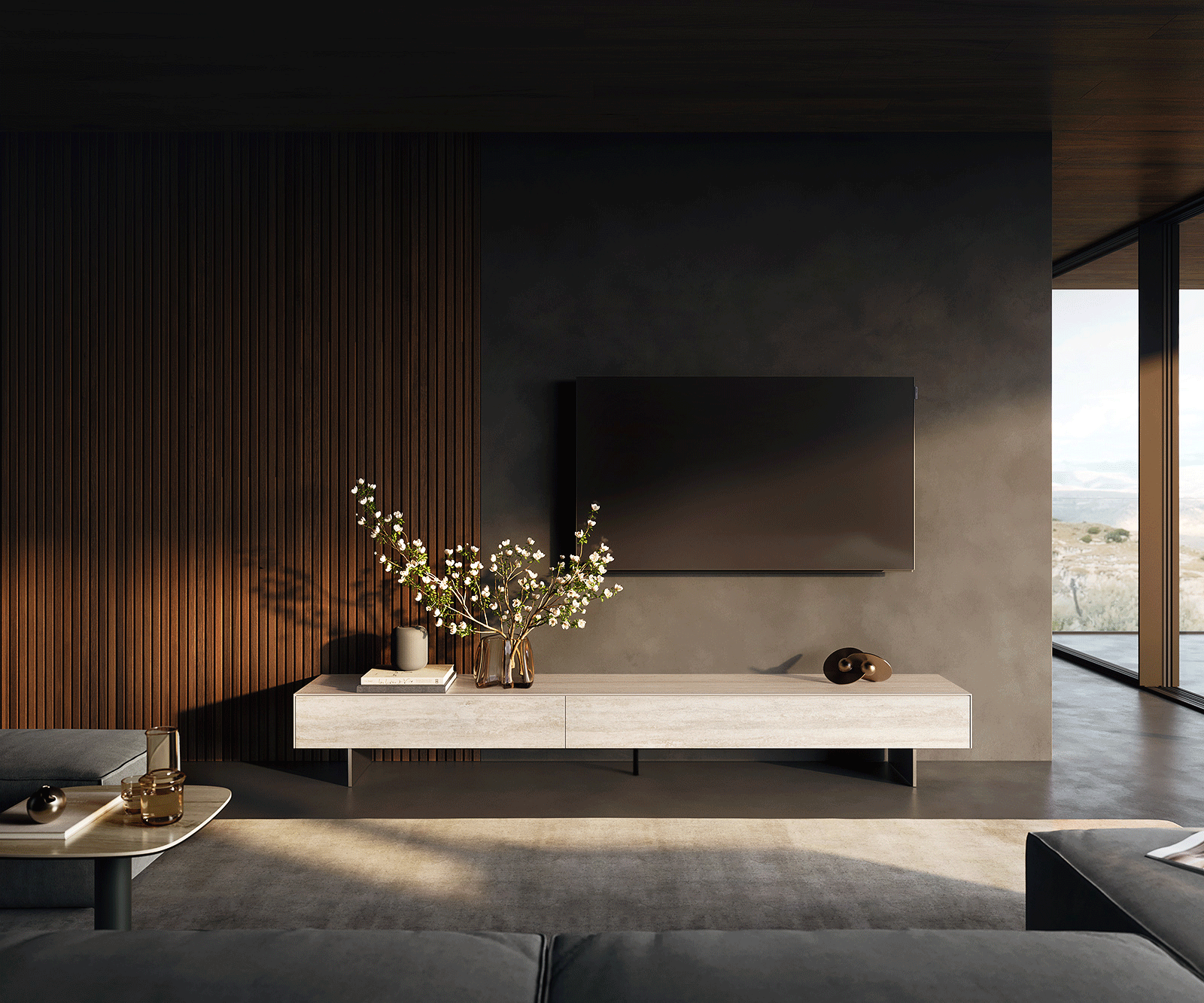 ТВ шкаф Cuor 250 см Керамика Laminam® Travertino Bianco Крем-бяло 1 врата 1 чекмедже Основа Неръждаема стомана 2