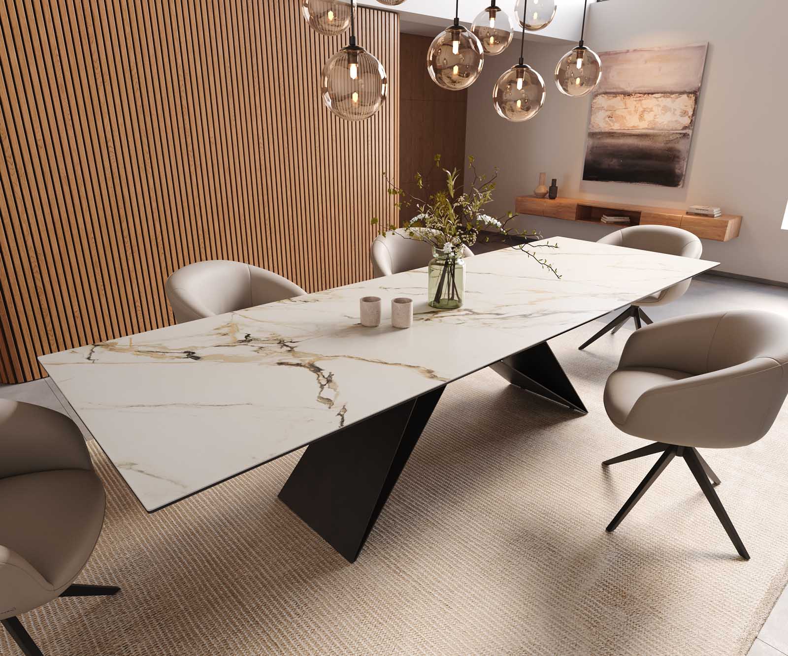 Трапезна маса Edge 300x100, керамика Calacatta Luxe, бяло-златно-сиво, V-образна рамка от плоска стомана, черна 1