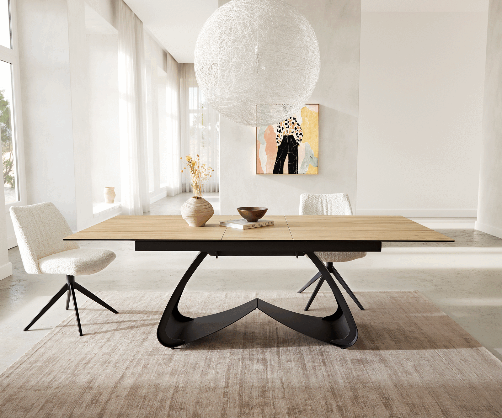 Маса 180-220x100 Keramik Laminam® Sabbia Дъбцвят W-Рамка Черен разтегателна Edge