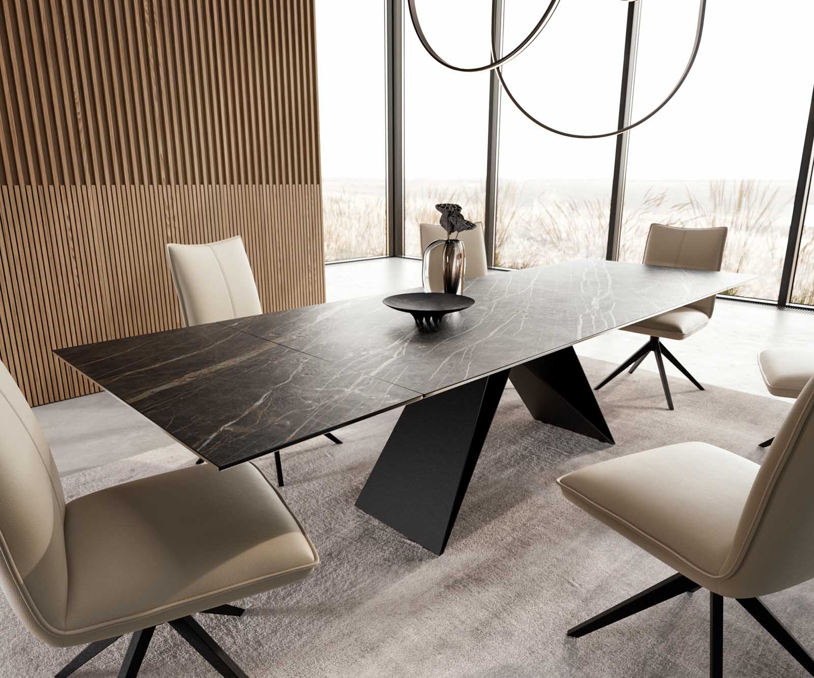 Разтегателна трапезна маса Edge 200-300х100 см Керамика Laminam®Noir Desir Тъмнокафяв V-образна метална основа Черен