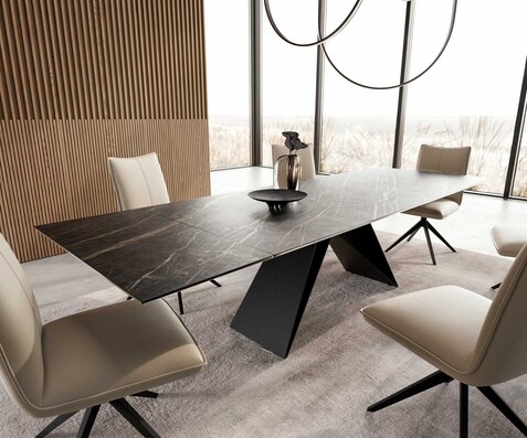 Разтегателна трапезна маса Edge 200-300х100 см Керамика Laminam®Noir Desir Тъмнокафяв V-образна метална основа Черен