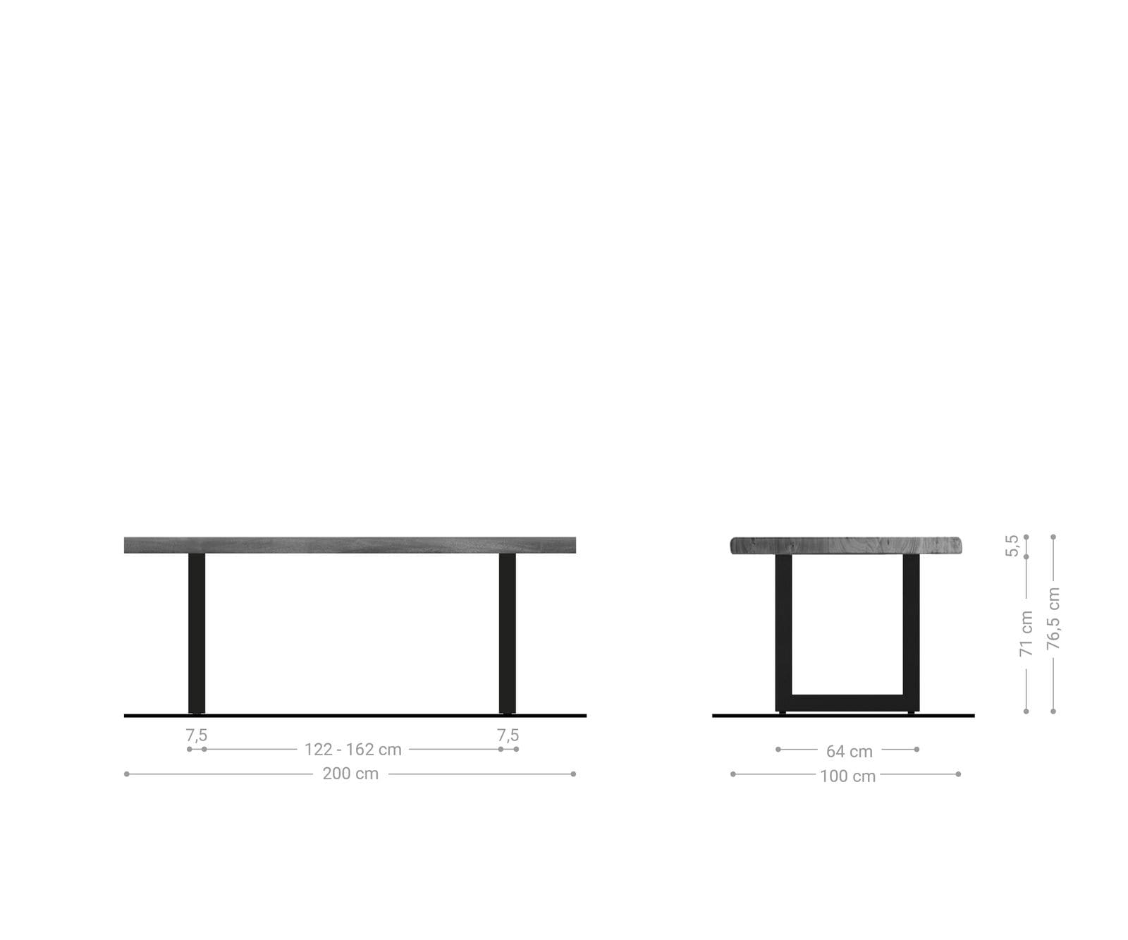Трапезна маса Edge 200x100 XL от акация, платинен цвят, неръждаема стомана, широка, с естествени ръбове 5