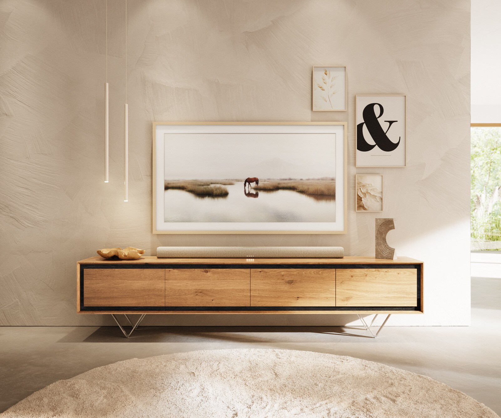 ТВ шкаф Stonegrace 200 cm естествен дъб 4 врати каменен фурнир V-образен крак от неръждаема стомана 2