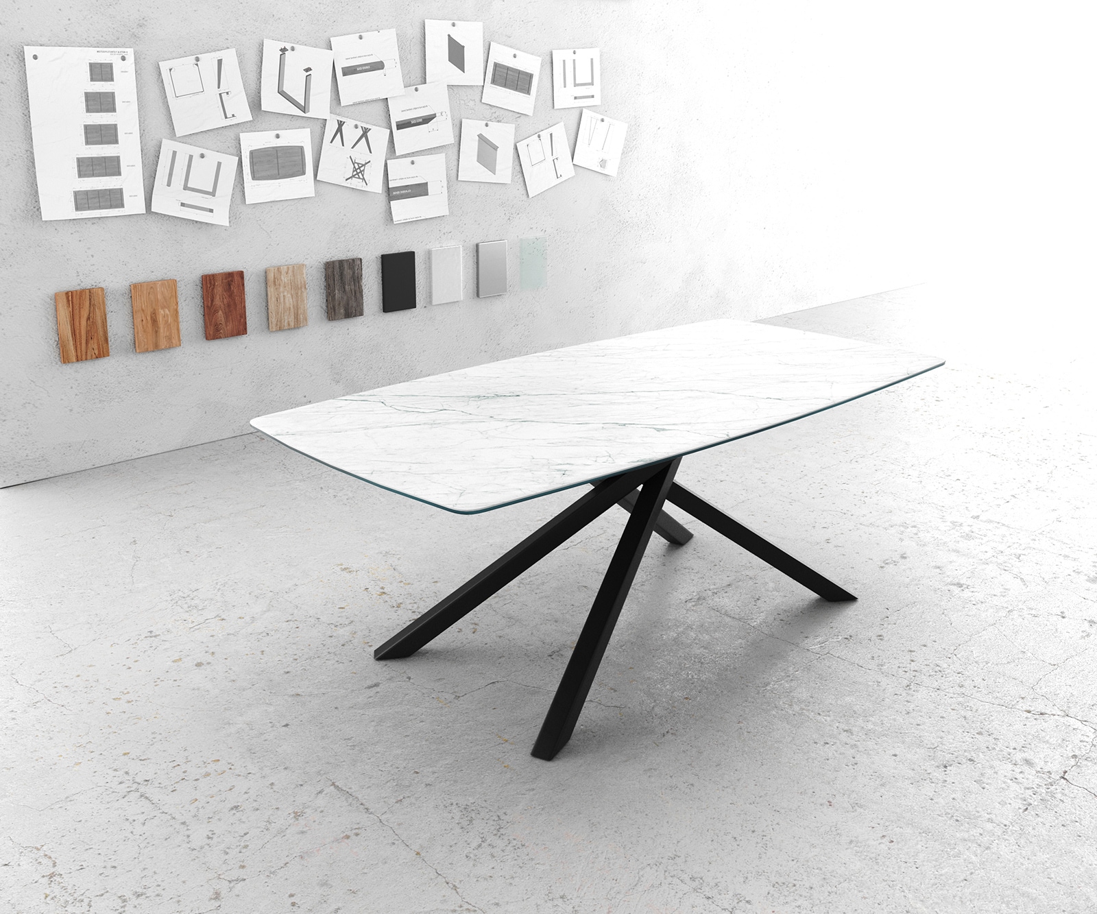 Маса Bootsform 200x100cm Keramik Laminam®Statuarietto Бял среден крак Кръст Черен Edge
