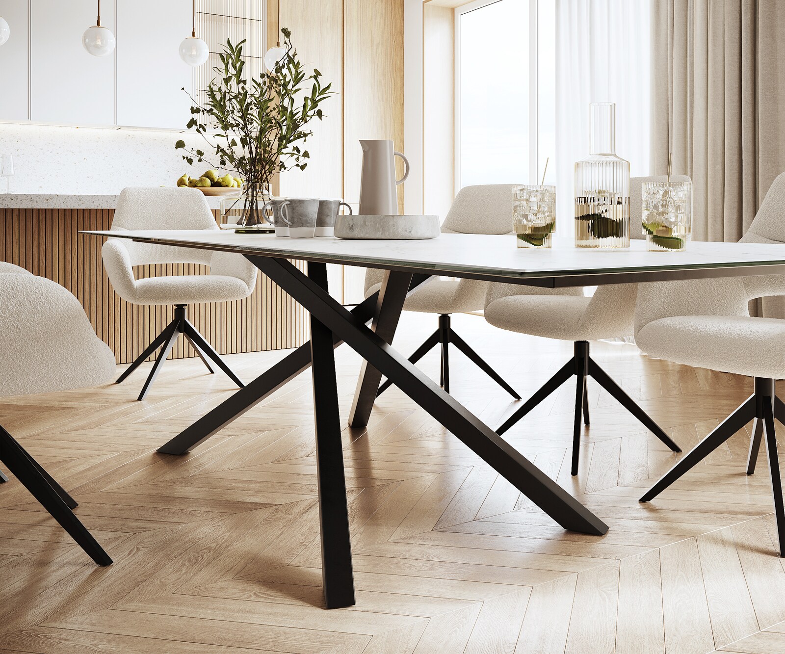 Маса 300x100cmKeramik Laminam®Statuarietto Бял среден крак Кръст Черен Edge 4