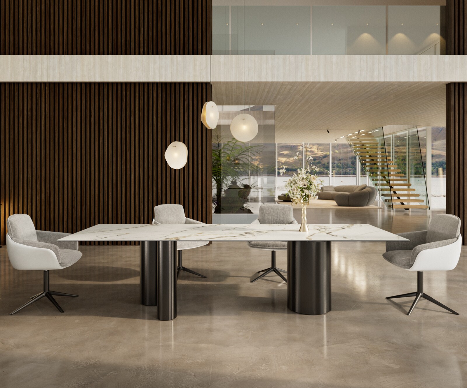Трапезна маса Edge 300x100, керамика Calacatta Luxe (бяло-златно-сиво), Troa, неръждаема стомана, графит