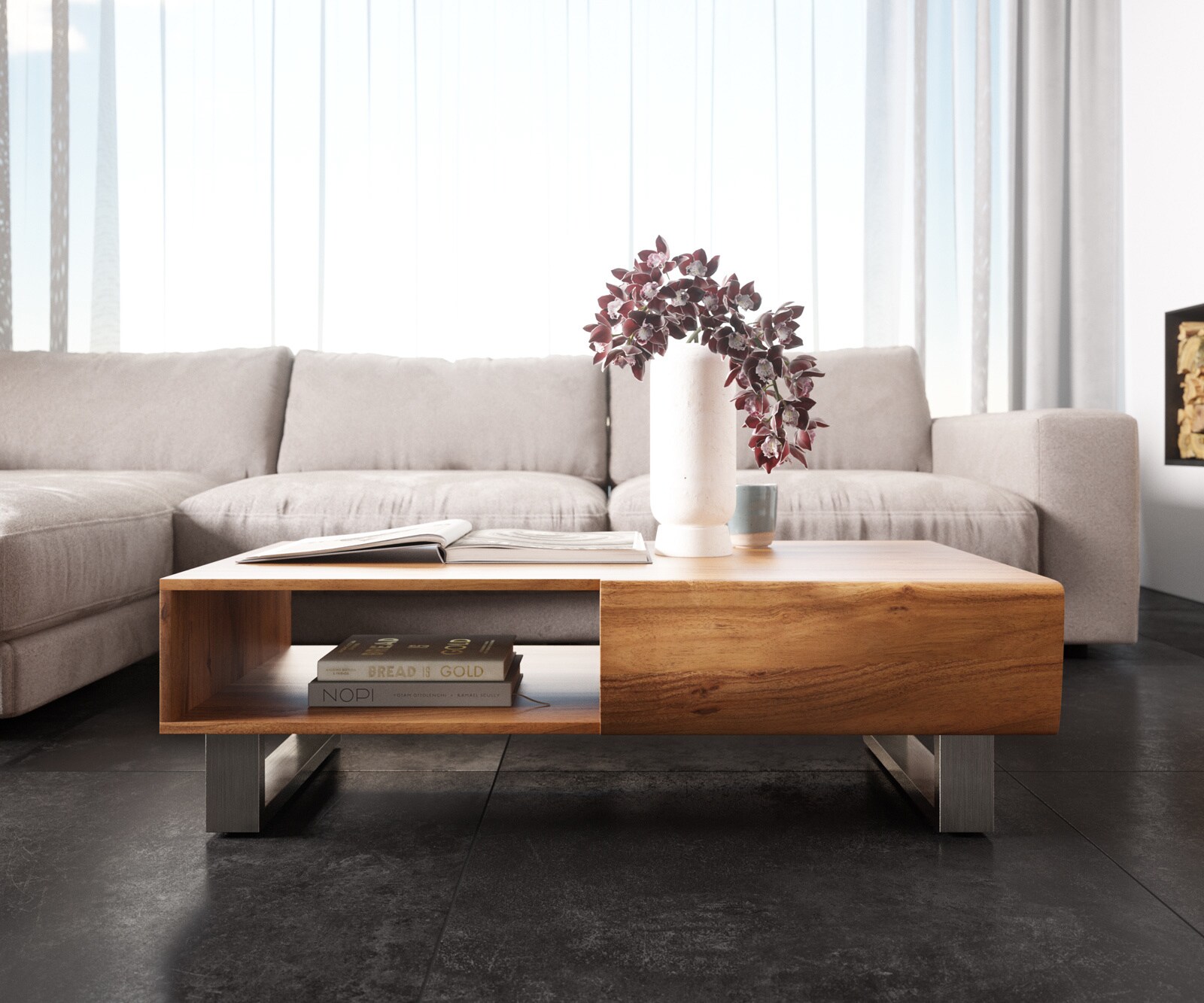 Масичка за кафе New Live-Edge 115x60 cm естествена акация 2 чекмеджета 1 рафт бегач матирана неръждаема стомана 1