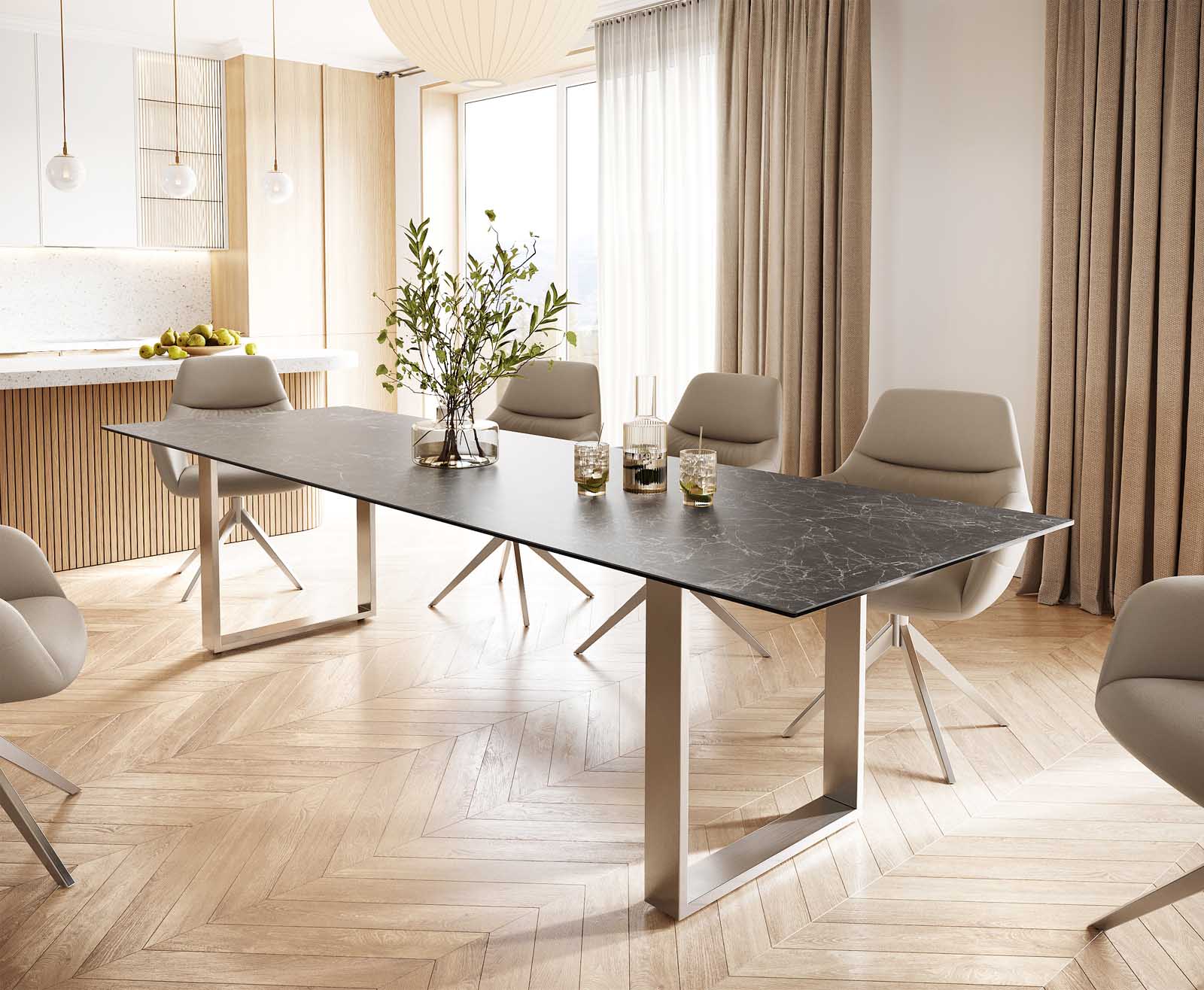 Маса 300x100 Keramik Laminam® Nero Greco Антрацит Неръждаема стомана Тесен профил Edge